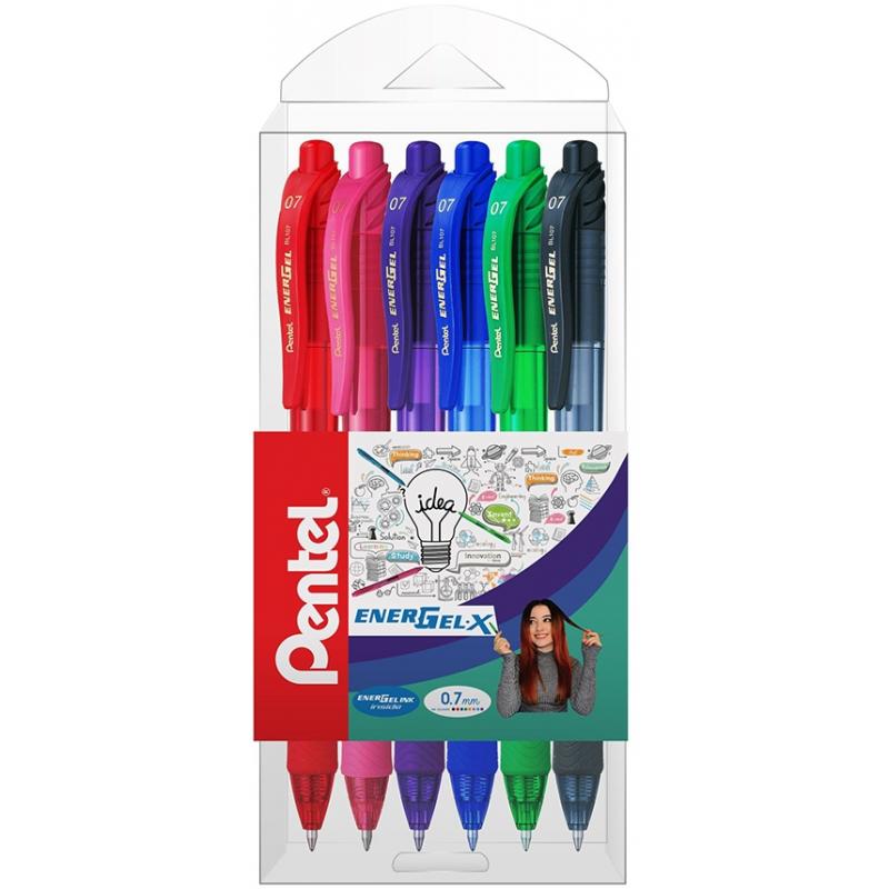 Roller cu gel EnerGel X, 0.7 mm, cu mecanism, 6 culori/set Pentel