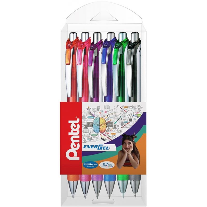 Roller cu gel EnerGel, 0.7 mm, cu mecanism, 6 culori/set Pentel