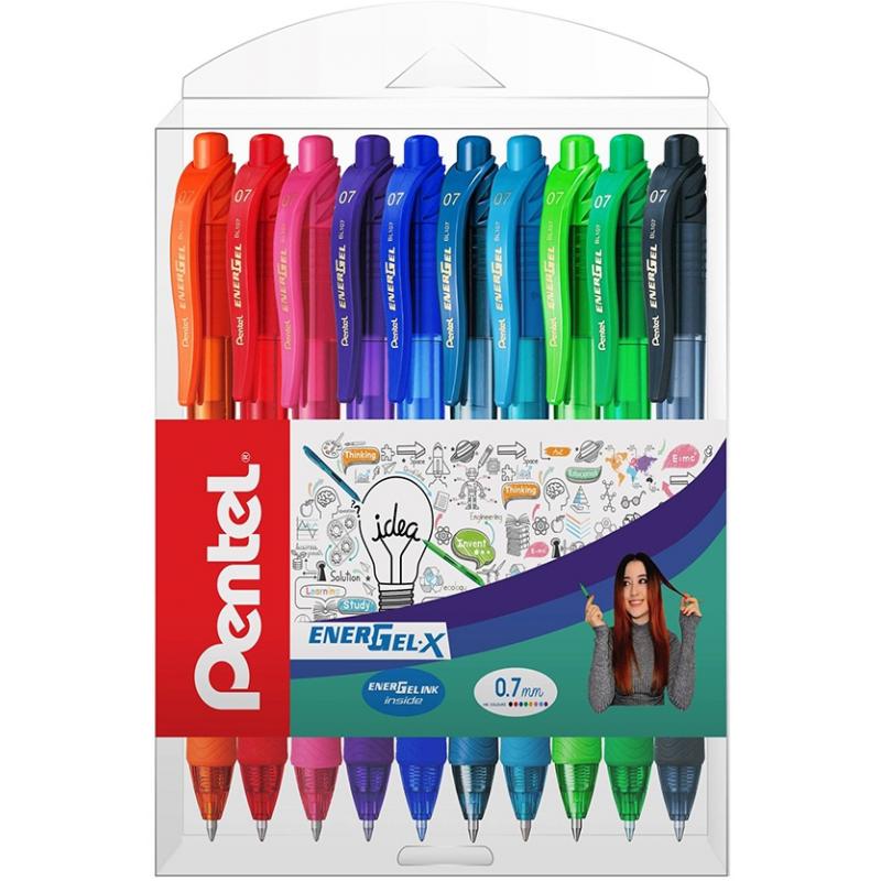 Roller cu gel EnerGel X, 0.7 mm, cu mecanism, 10 culori/set Pentel