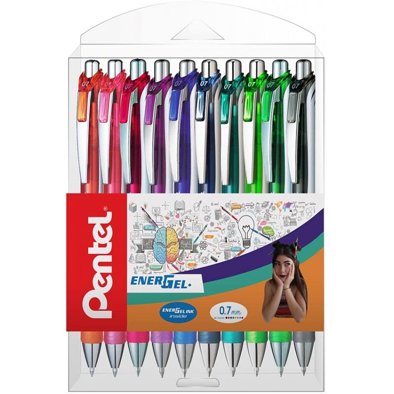 Roller cu gel EnerGel, 0.7 mm, cu mecanism, 10 culori/set Pentel