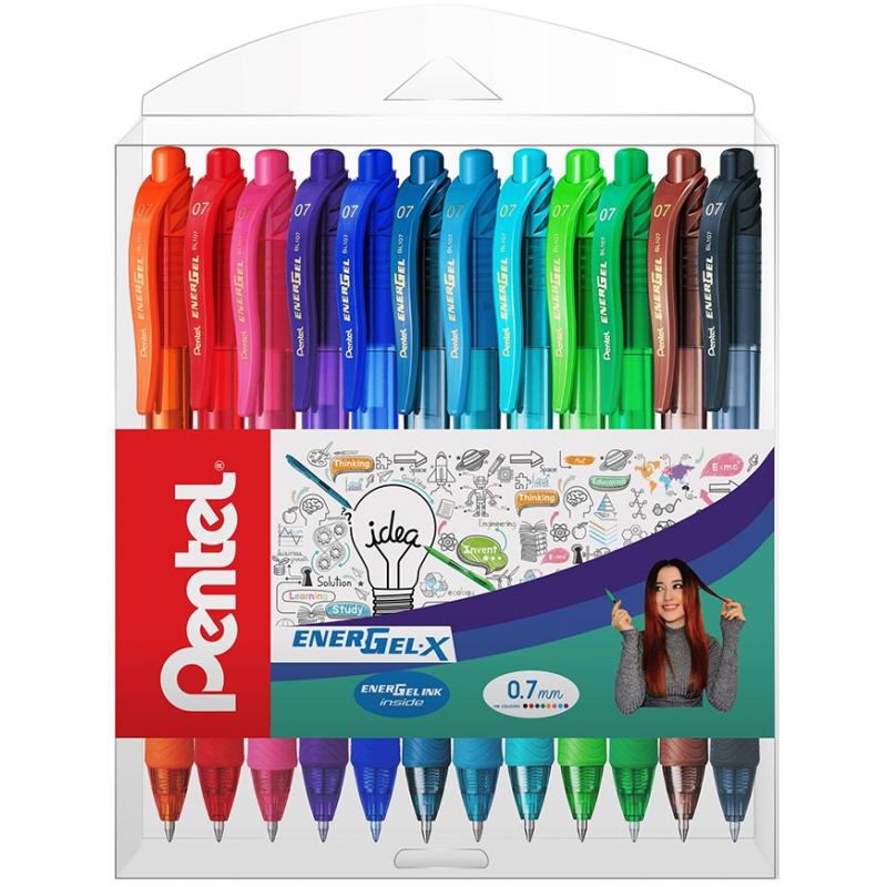 Roller cu gel EnerGel X, 0.7 mm, cu mecanism, 12 culori/set Pentel