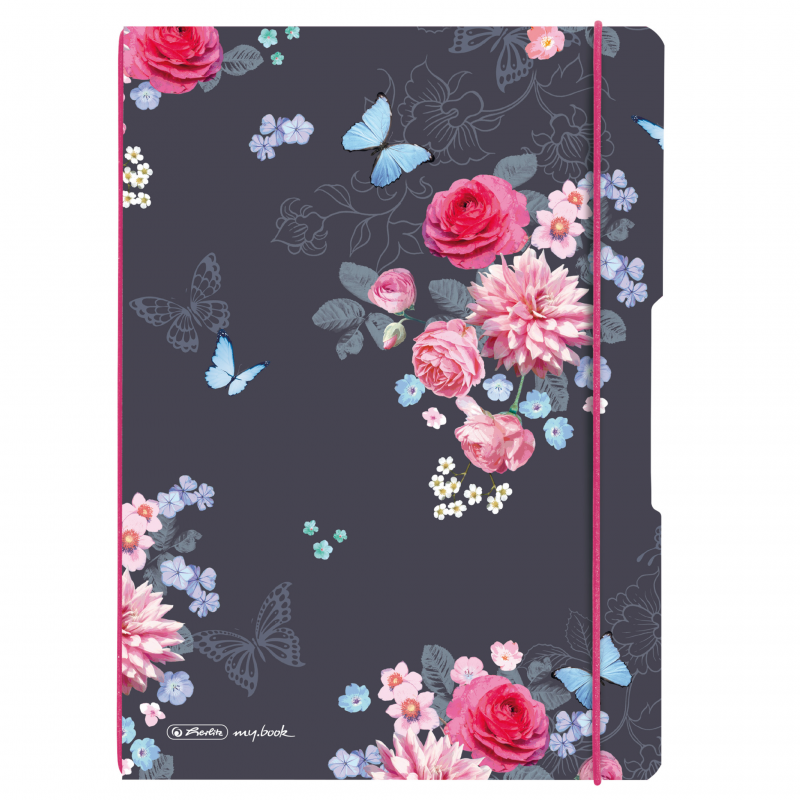 Caiet My.book Flex A4 2x40f 80gr Dictando+patratele, Coperta Pp, Ladylike Flowers, Elastic Roz