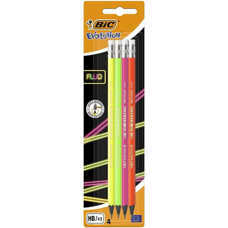 Creion Grafit Bic Evolution Fluo, 4 Buc/set, Mina Hb, Radiera In Capat, Multicolor