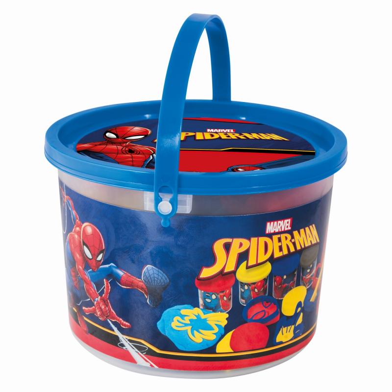 GALETUSA CU 4 BORCANASE DE PLASTILINA SI ACCESORII DE MODELAT SPIDERMAN