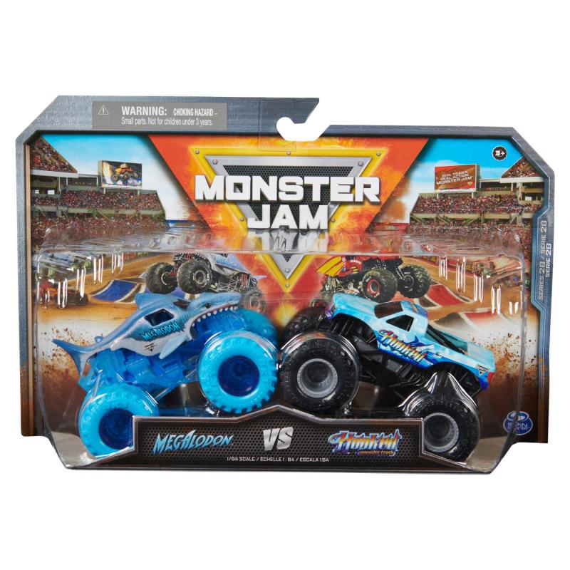 MONSTER JAM SET 2 MASINUTE METALICE MEGALODON SI HOOKED SCARA 1:64