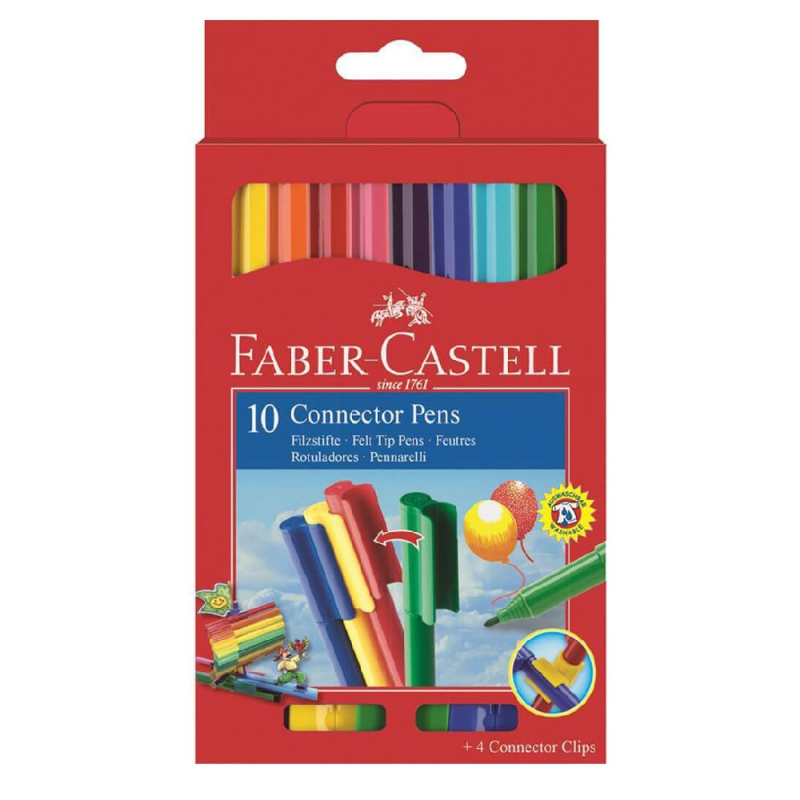 Set 10 Carioci Colorate Faber-Castell Connector Cu Clip Prindere, Carioca Pentru Copii