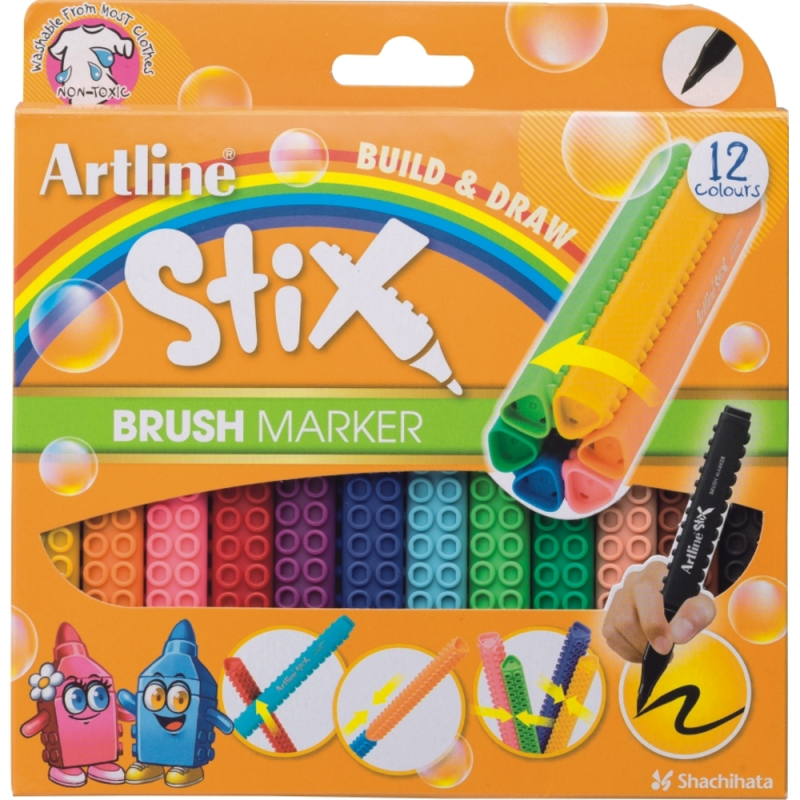 Carioca Artline Stix, Varf Flexibil (tip Pensula), Lavabil, 12 Buc/cutie