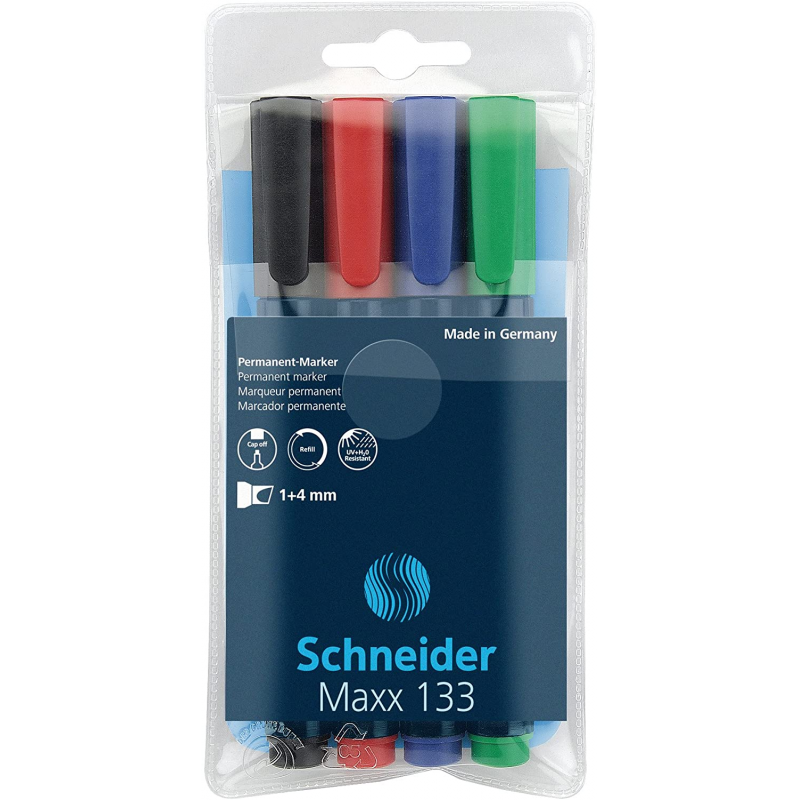 Permanent Marker Schneider Maxx 133, Varf Tesit 1+4mm, 4 Culori/set - (n, R, A, V)