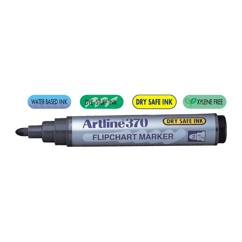 Flipchart Marker Artline 370 - Dry Safe Ink, Corp Plastic, Varf Rotund 2.0mm - Negru