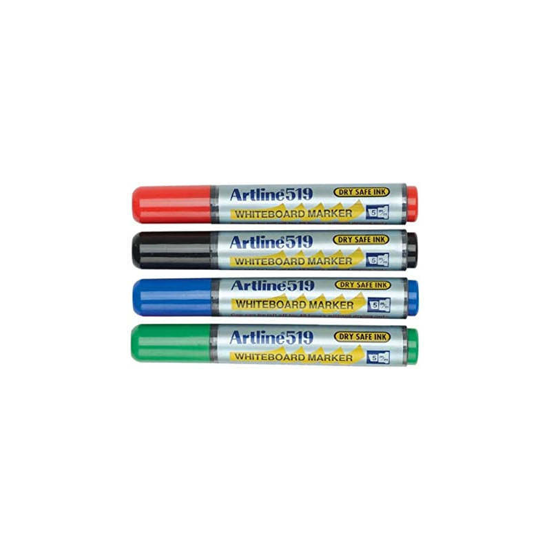 Marker Pentru Tabla De Scris Artline 519 - Dry Safe Ink, Varf Tesit 2.0-5.0mm, 4 Culori/set