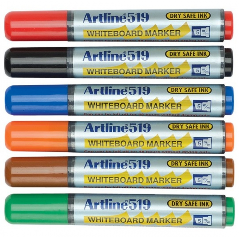 Marker Pentru Tabla De Scris Artline 519 - Dry Safe Ink, Varf Tesit 2.0-5.0mm, 6 Culori/set