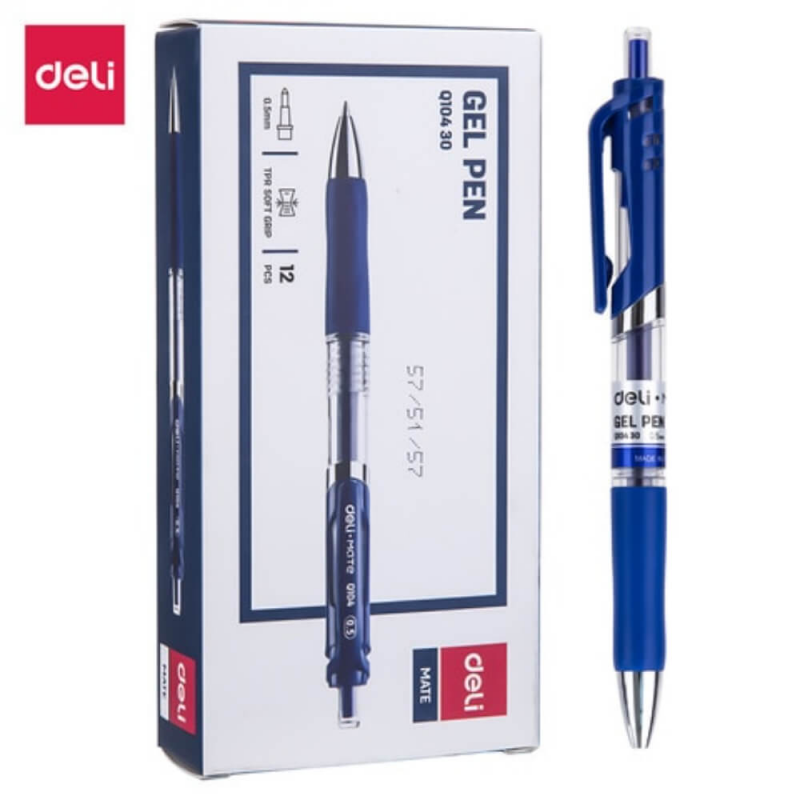 Cutie 12 Pixuri cu Gel DELI Mate, Varf Retractabil, 0.5 mm, Albastru