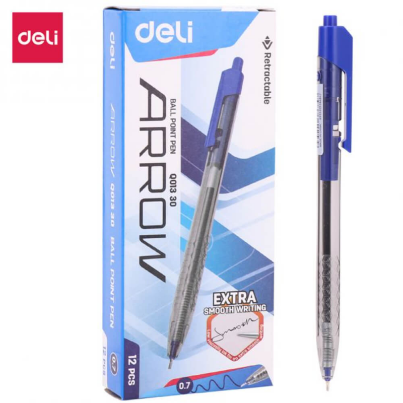 Cutie 12 Pixuri cu Gel DELI Arrow, Varf Retractabil, 0.7 mm, Albastru