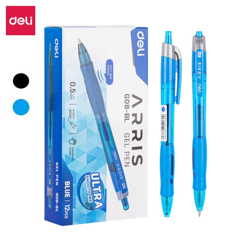 Cutie 12 Pixuri cu Gel DELI Arris, Varf Retractabil, 0.5 mm, Albastru, Design Ergonomic