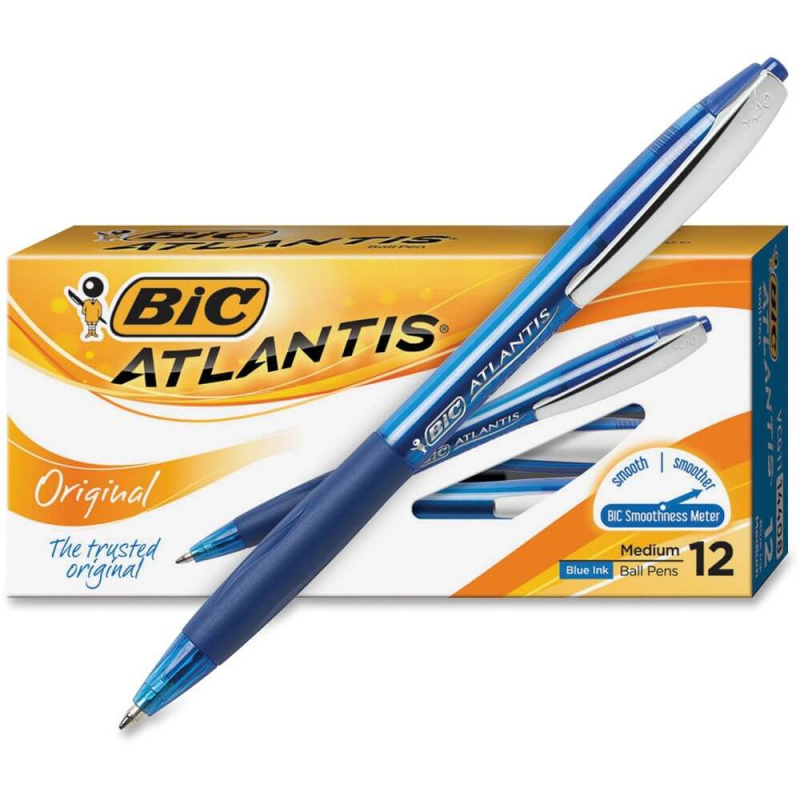 Set 12 Pixuri Bic Atlantis Clic Albastre, Varf 1 Mm, Corp Plastic