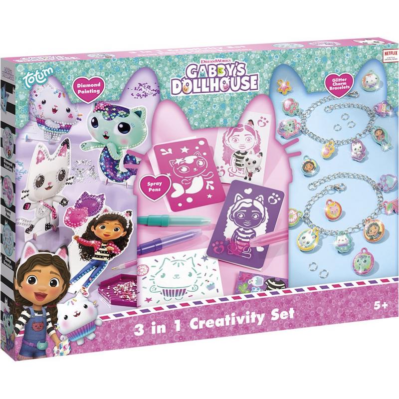 Set creativ 3 in 1, Bratari cu pandantive, carioci spray si diamont painting, Gabby s Dollhouse