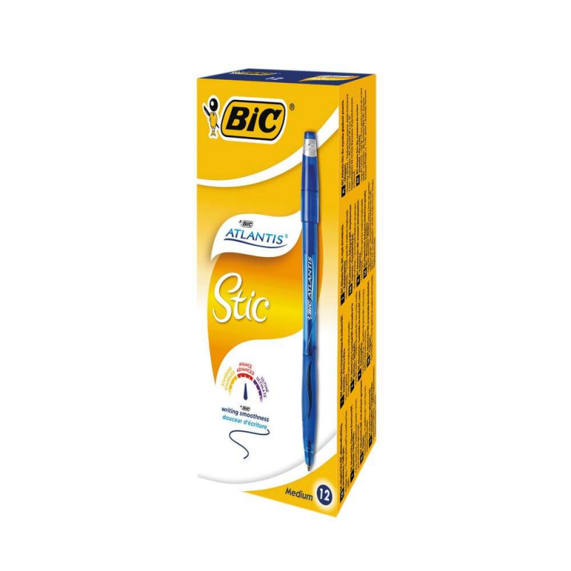 Set 12 Pixuri Bic Atlantis Stic Albastre, Varf 1.2 Mm, Corp Plastic