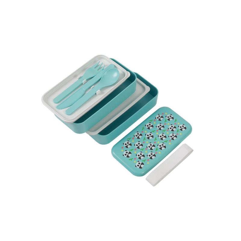 Cutie dubla pentru alimente, cu set de tacamuri, cu design Pandastic