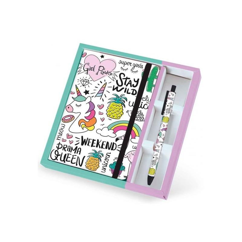 Set cadou cu carnet A5 si pix erasable, cu design unicorn