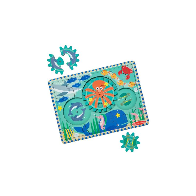 Puzzle educativ din lemn, cu rotite dintate, Oceanul, 8 piese, pentru copii 3 ani+, Melissa&Doug 31003