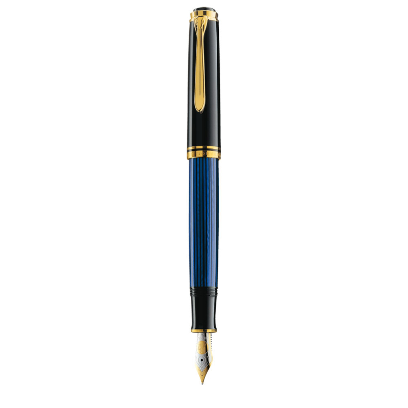 Stilou Souveran M800 Ef,penita Aur 18k,accesorii Placate Cu Aur,corp Negru-albastru