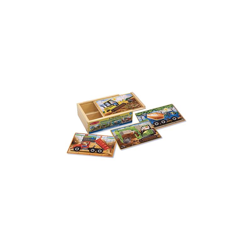 Set 4 puzzle lemn in cutie Vehicule pentru constructii