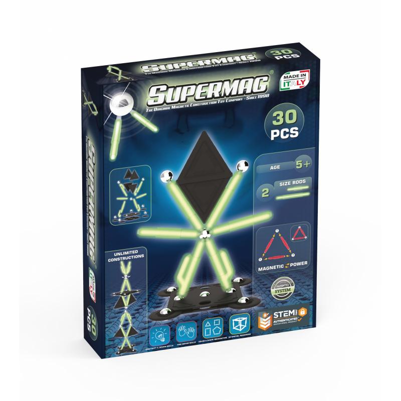 Set de constructie magnetic Supermag Projects Glow, 30 piese