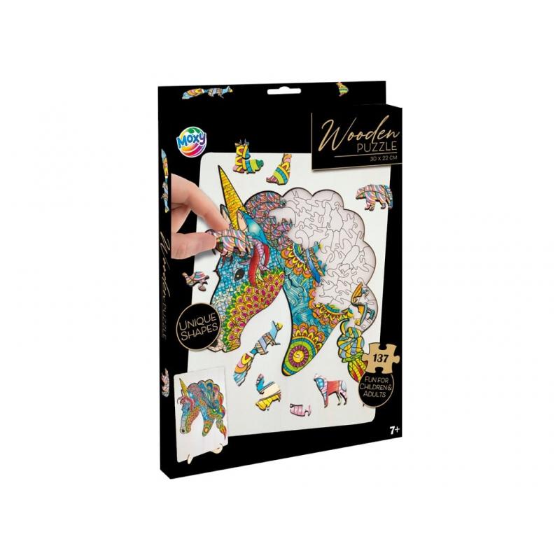 Puzzle din lemn cu forme unice, Unicorn, 137 piese, Moxy