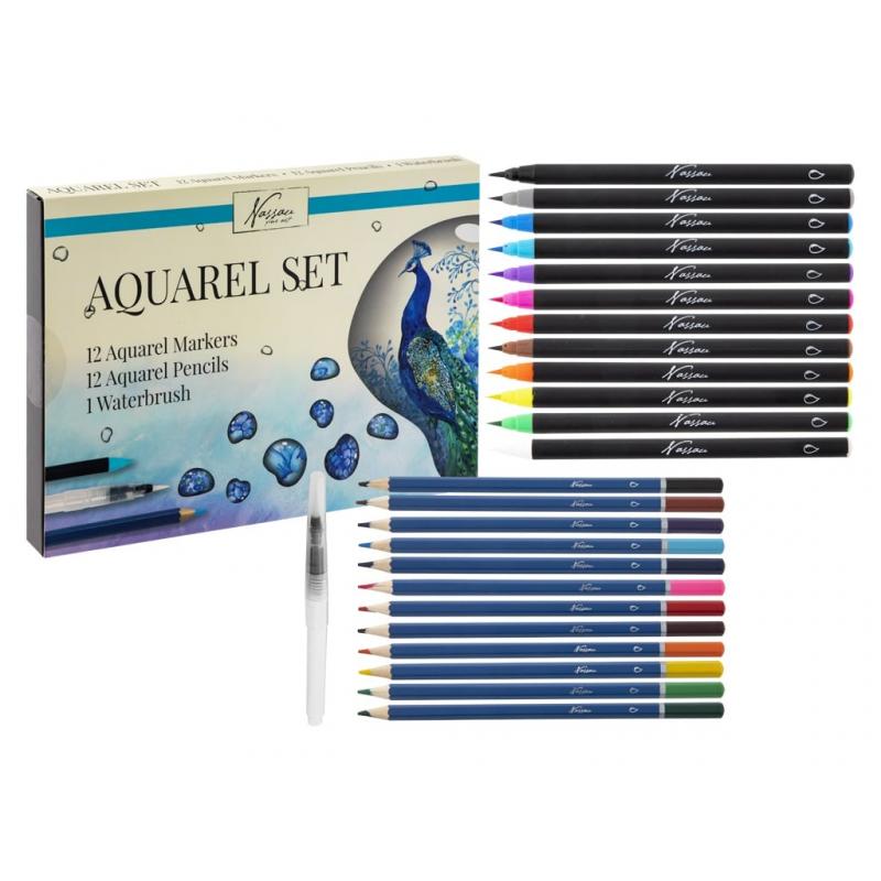 Set creativ, 12 carioci acuarela, 12 creioane colorate tip acuarela, 1 pensula, Nassau