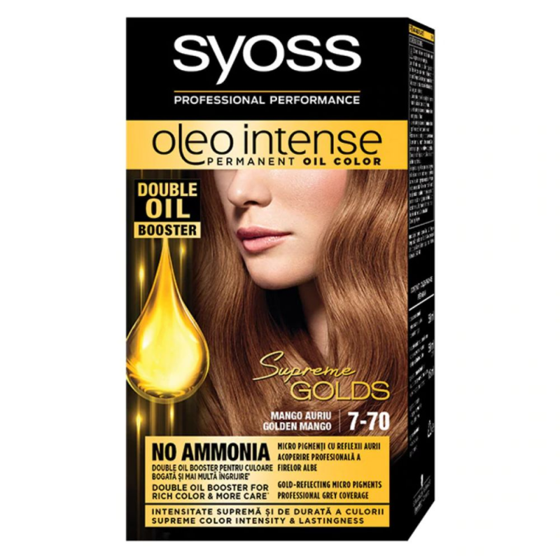 Vopsea de Par Permanenta, Fara Amoniac, SYOSS Oleo Intense, 7-70 Nuanta Mango Auriu, 115 ml