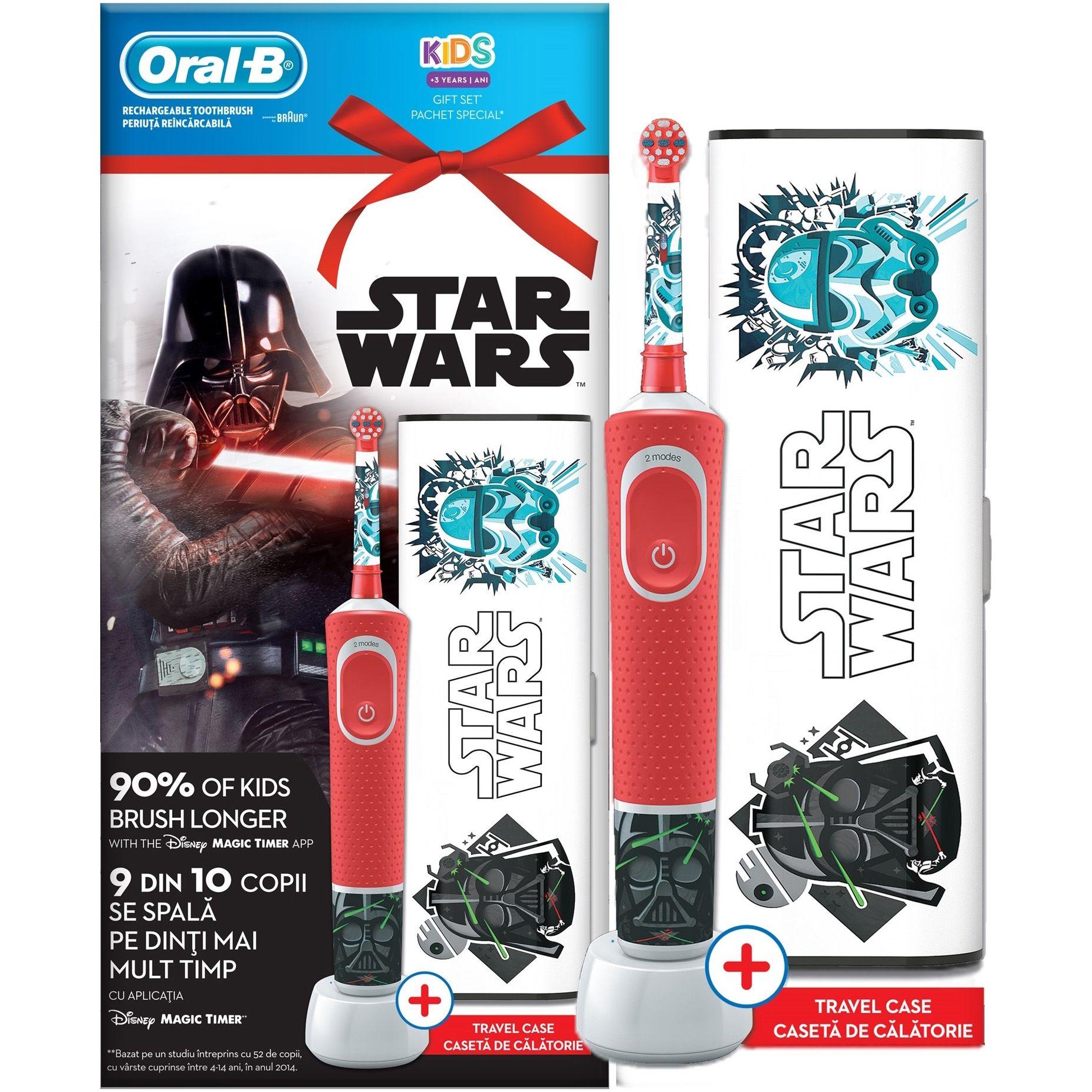 Periuta de dinti electrica pentru copii Oral-B Vitality D100 Star Wars, 7600 oscilatii, 2 programe, 1 capat, 4 stickere, Rosu + Travel Case
