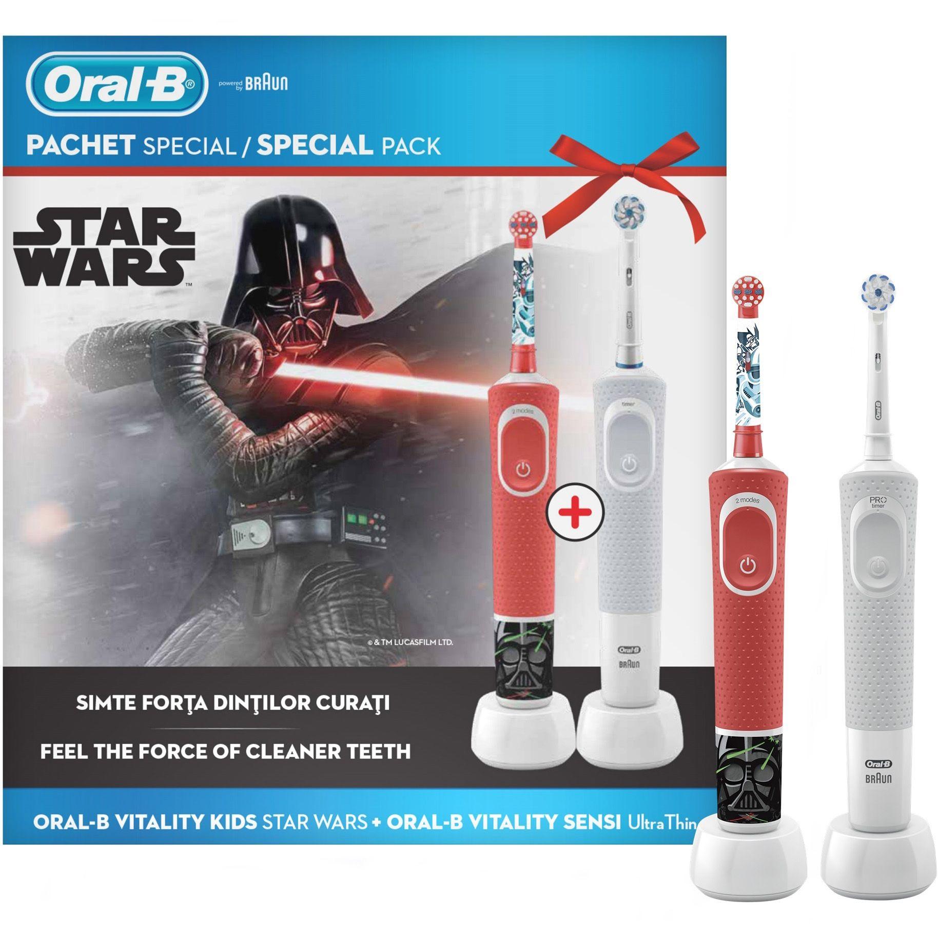 Set periute de dinti electrice Oral-B Vitality Kids D100 Star Wars + Oral-B Vitality D100 Sensi Ultra Thin, Rosu/Alb