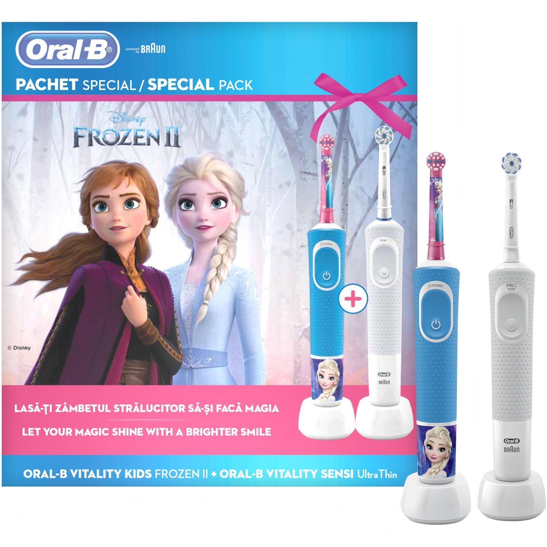Set periute de dinti electrice Oral-B Vitality Kids D100 Frozen + Oral-B Vitality D100 Sensi Ultra Thin, Alb/Albastru