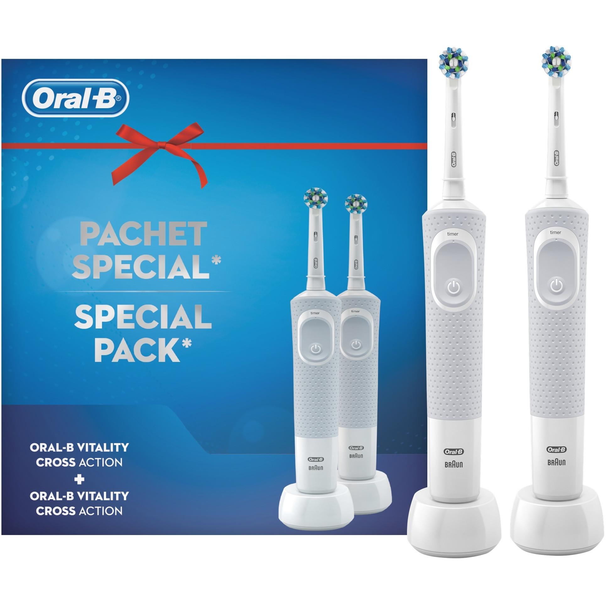 Set 2 periute de dinti electrice Oral-B Vitality D100 Cross Action, 7600 oscilatii, 1 program, Alb