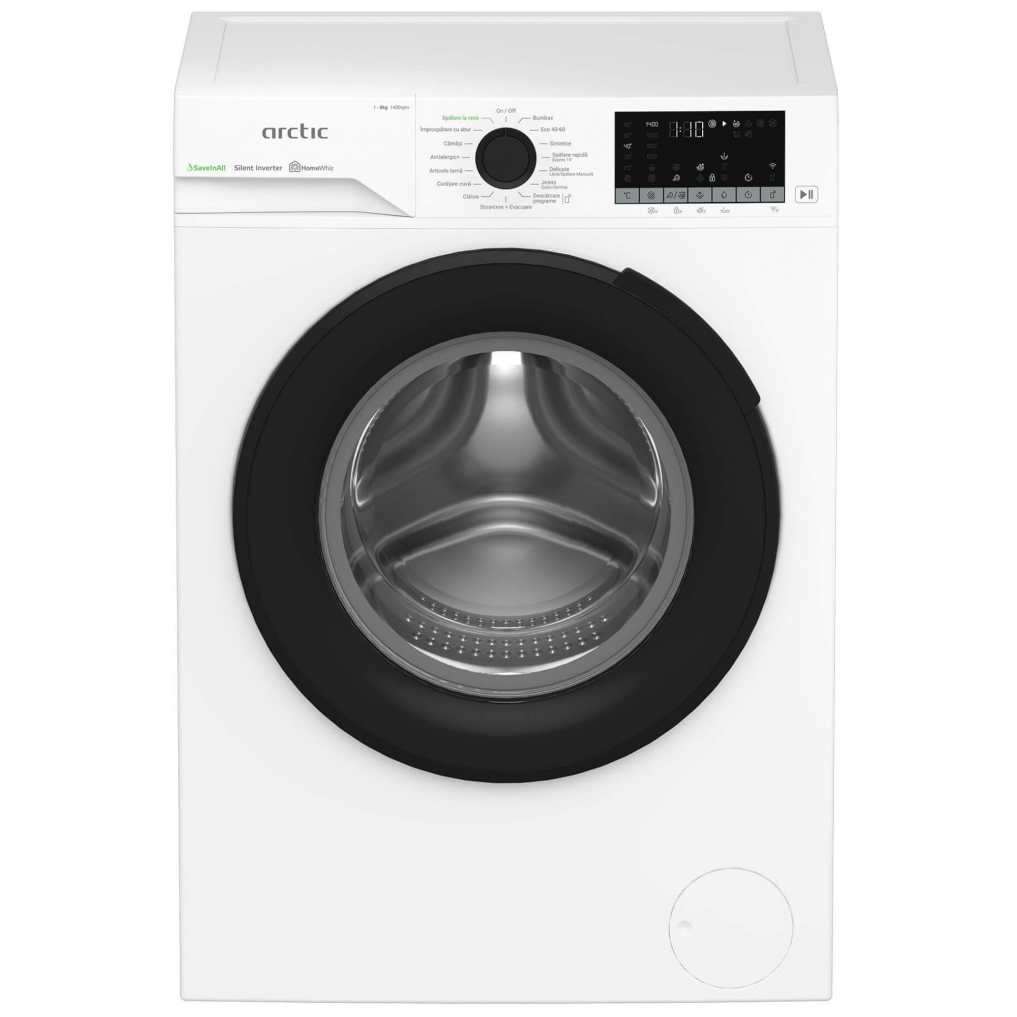 Masina de spalat rufe frontala Arctic APLM3WFSU38412W, 8 kg, 1400 RPM, HomeWhiz prin WiFi, Spalare la rece, Clasa A