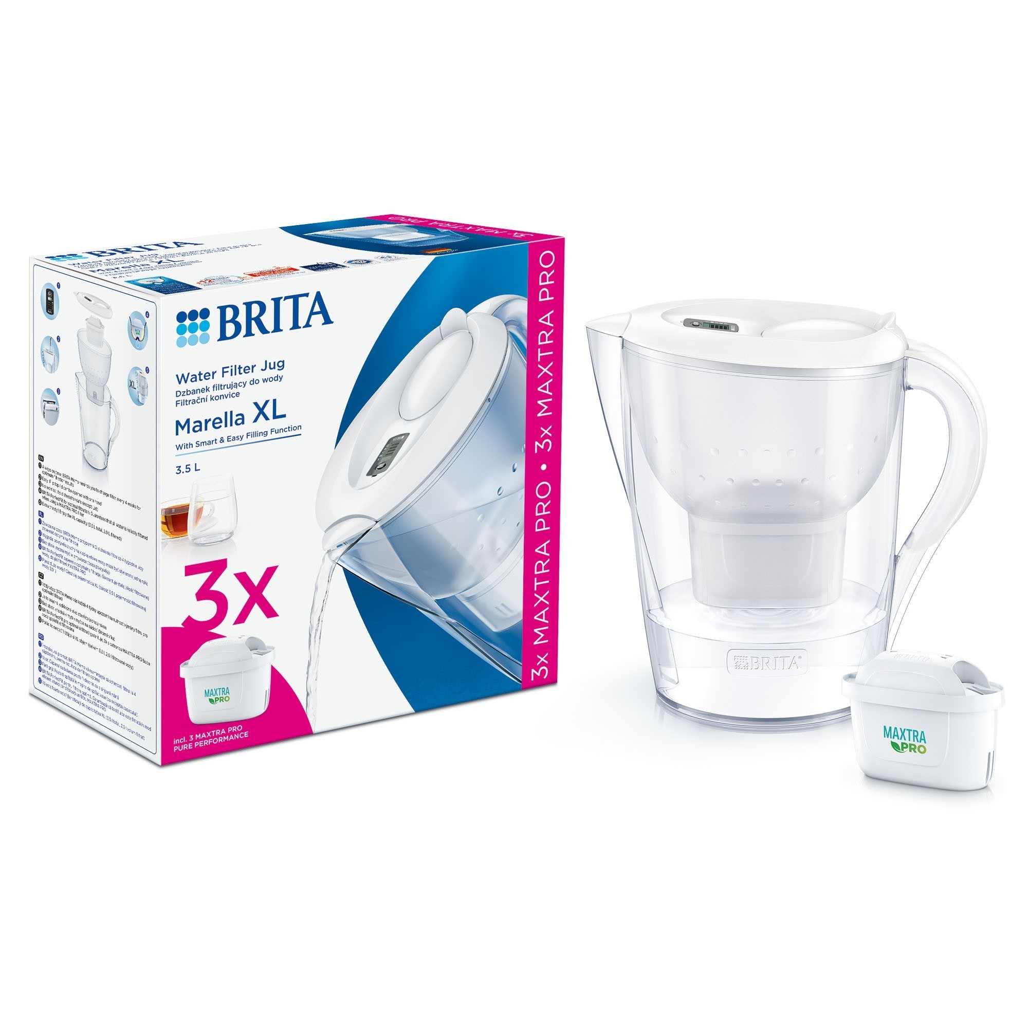 Cana filtranta Brita Marella XL Starter Pack, 3.5 L, Alb+ 3 filtre Maxtra Pro