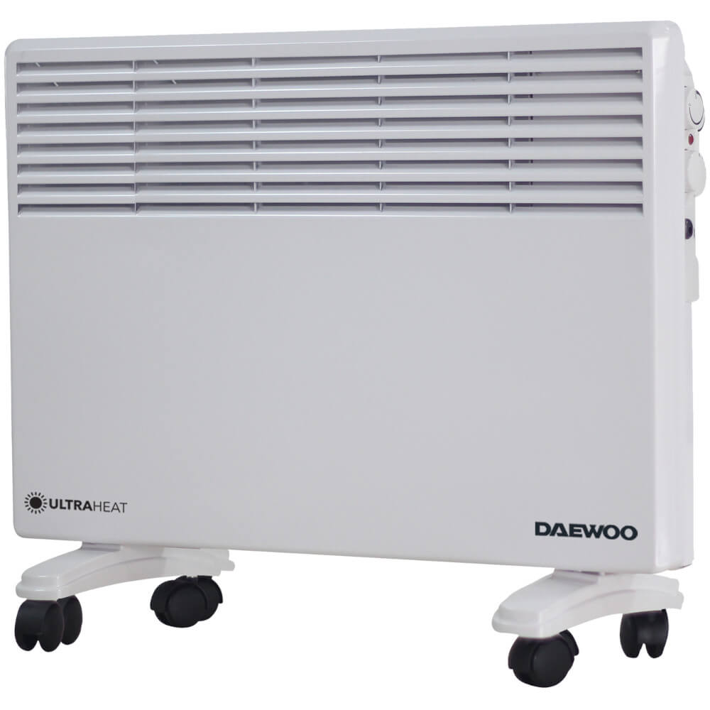 Convector electric Daewoo DPH2000W, 2000 W, 2 trepte de putere, Protectie la supraincalzire, Termostat reglabil, Indicator luminos, Alb