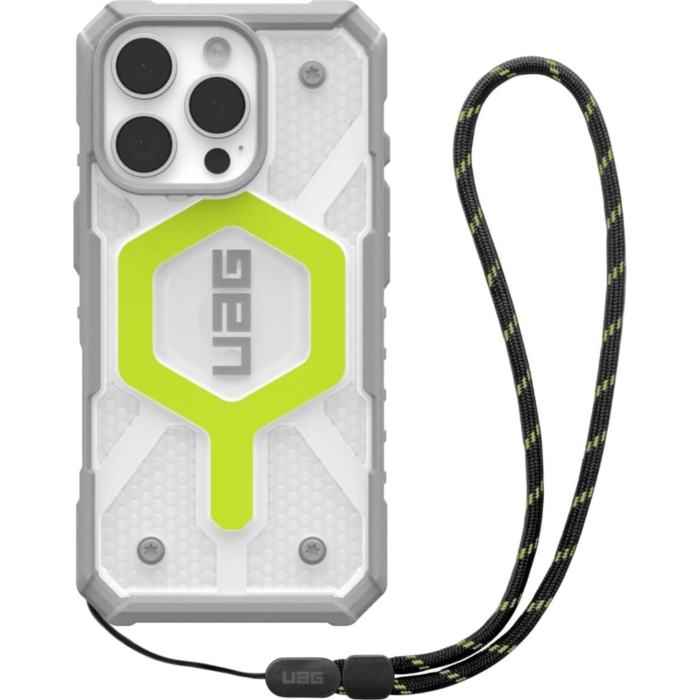 UAG Husa Pathfinder Clear MagSafe iPhone 16 Pro Active Neon Lanyard