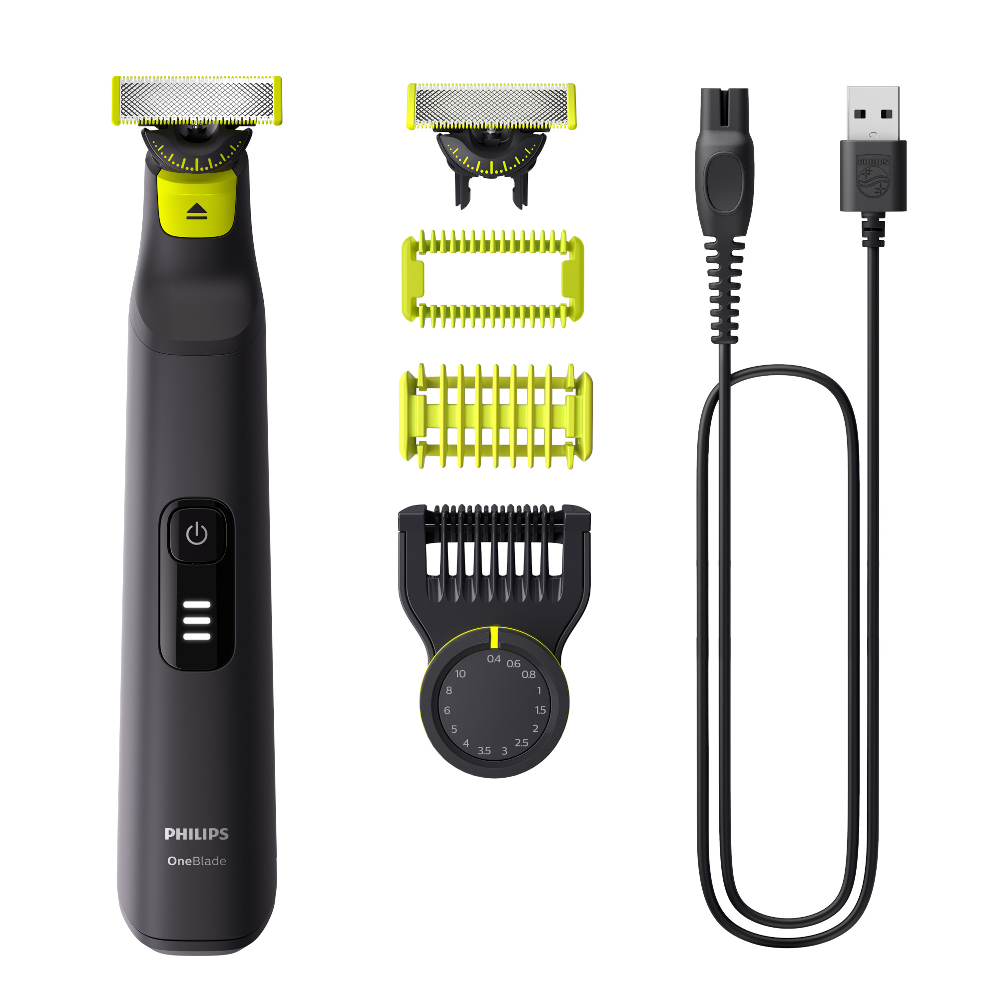 Aparat de tuns parul de pe fata si corp, Philips OneBlade Pro QP6542/15, Acumulator, Autonomie 90 min., Lungime 0.4-10 mm, Negru