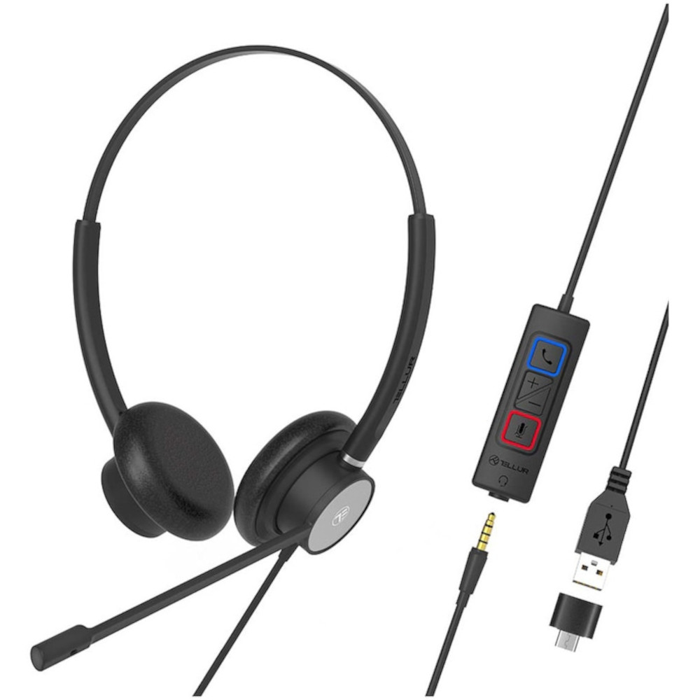 Casti cu fir call center Tellur Voice 420, binaural, USB Jack 3.5mm, Negru