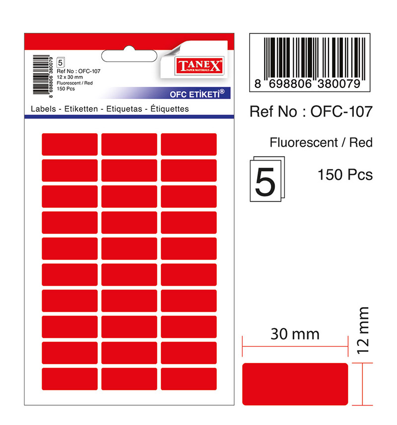 Etichete Autoadezive Color, 12 X 30 Mm, 150 Buc/set, Tanex - Rosu Fluorescent