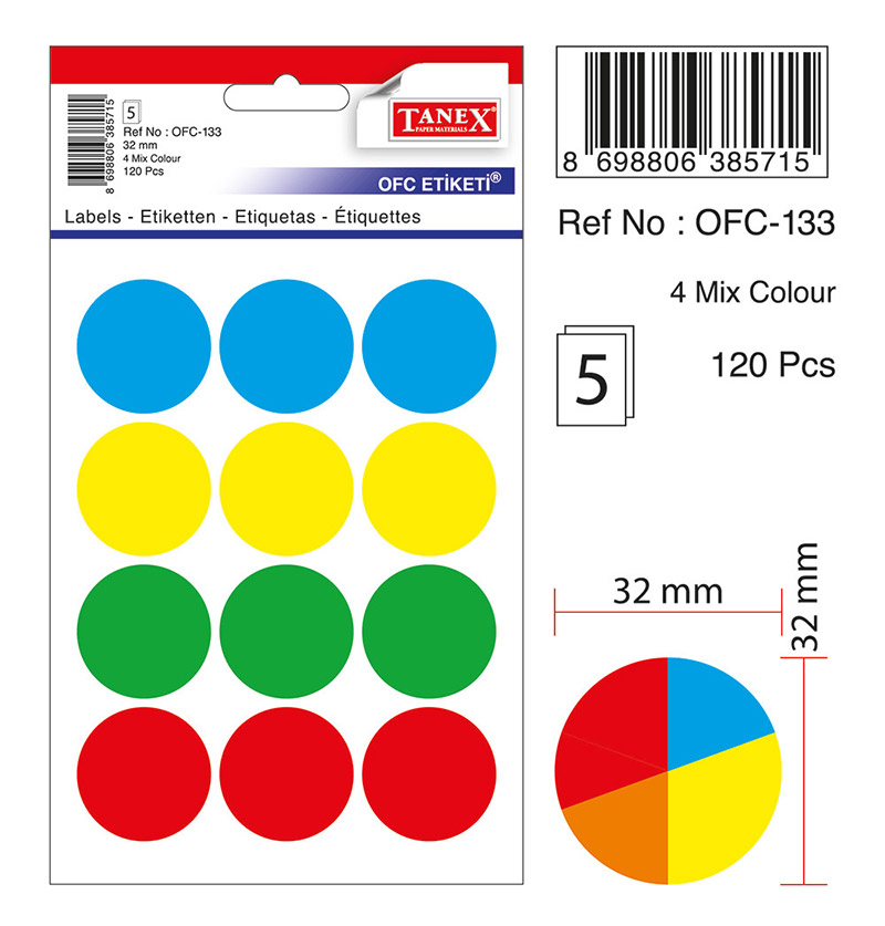 Etichete Autoadezive Color Mix, D32 Mm, 60 Buc/set, Tanex - Culori Asortate