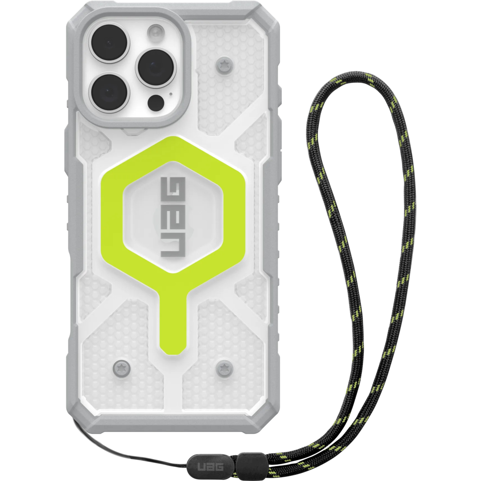 UAG Husa Pathfinder Clear MagSafe iPhone 16 Pro Max Active Neon Lanyard