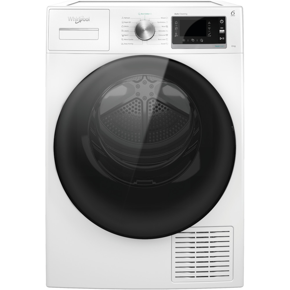 Uscator de rufe Supreme Silence Whirlpool W6D84WBEE, Pompa de caldura, 8 kg, Clasa A+++