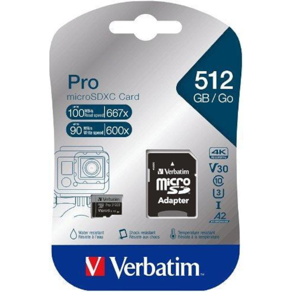 Card de memorie Verbatim Pro U3 MicroSDXC, 512GB, Clasa 10 + Adaptor