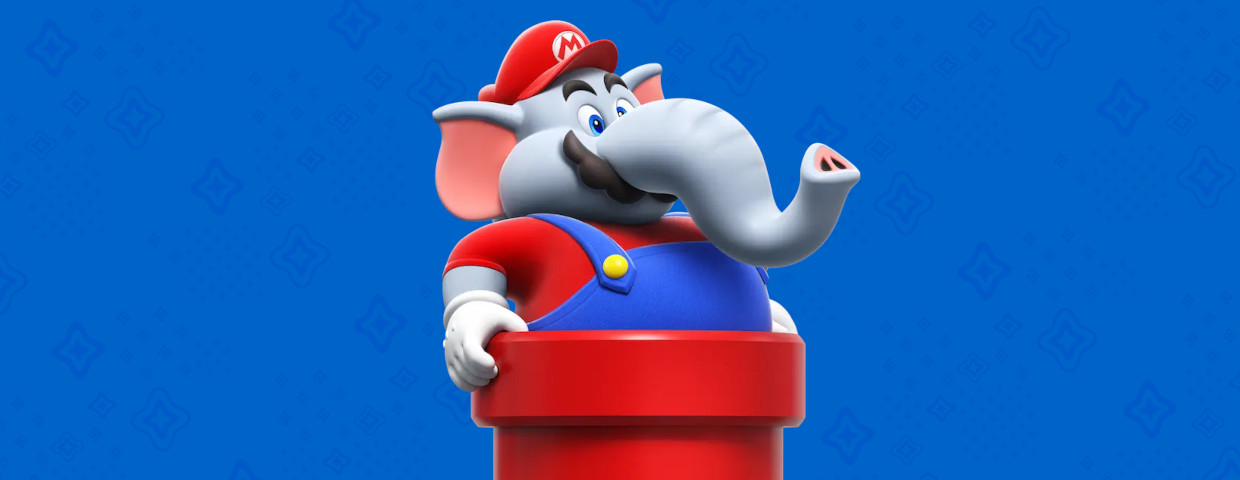 Captura de ecran din jocul Super Mario Bros Wonder cu Mario transformat in elefant.