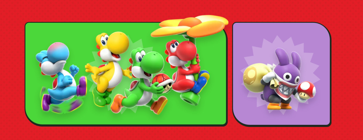 Captura de ecran din jocul Super Mario Bros Wonder cu Nabbit si Yoshis.