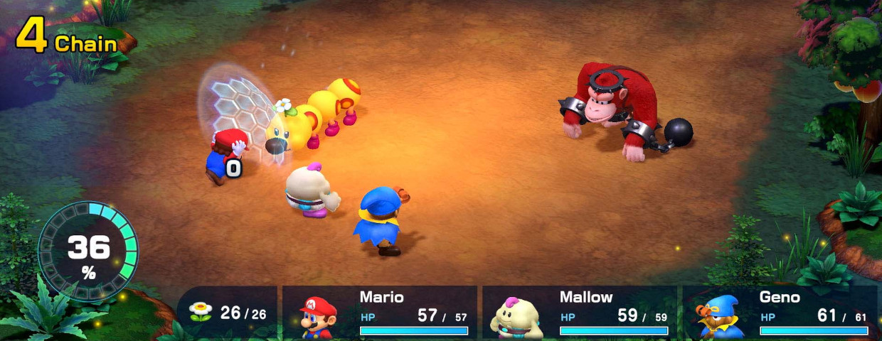 Captura de ecran din jocul Super Mario RPG unde Mario, Mallow si Geno se lupta cu un Boss.