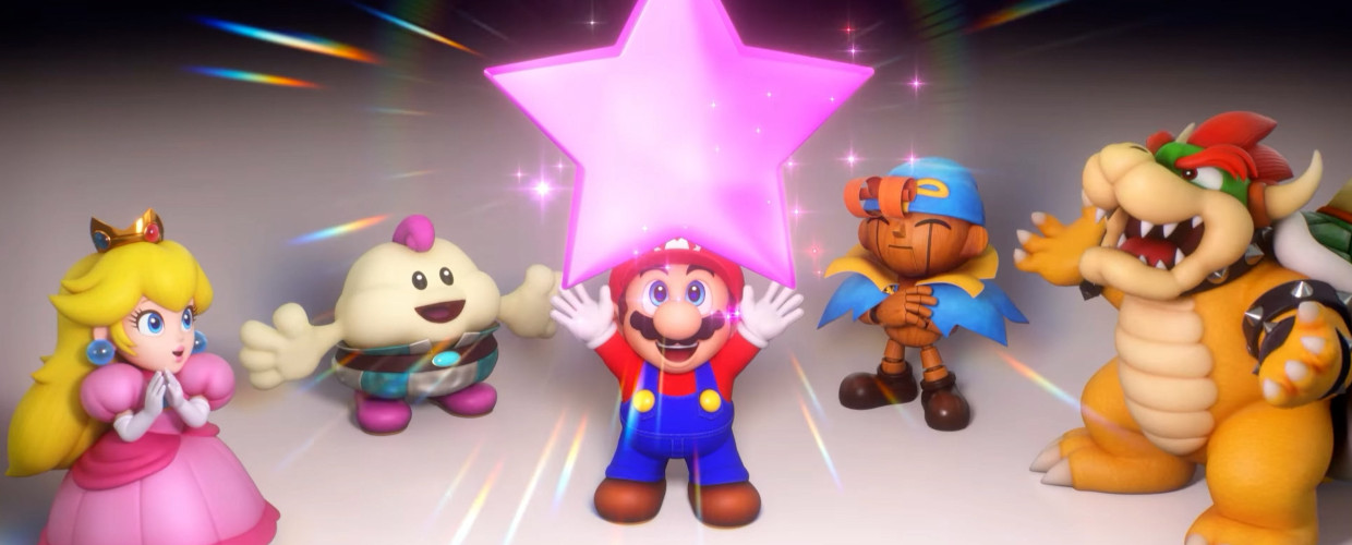 Captura de ecran din jocul Super Mario RPG unde Mario, Mallow, Peach si Geno se uita la o stea stralucitoare roz.