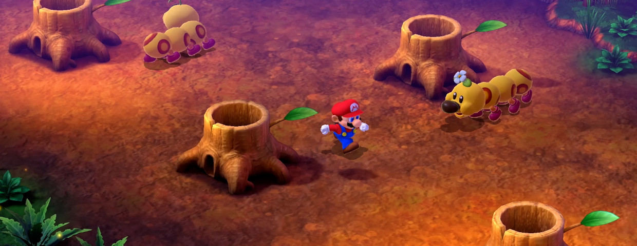 Captura de ecran din jocul Super Mario RPG unde Mario alearga printr-o padure.